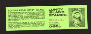 LUNDY: 96p BOOKLET COVER UNFOLDED HANDSTAMPED 'CANCELLED'