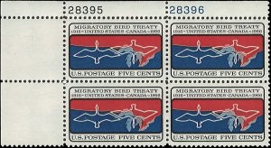 Scott # 1306 1966 5c red, bl & lt bl  Birds Over Great
Lakes  Plate Block - U...