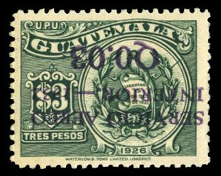 Guatemala #C21a Cat$45, 1932 3c on 3p green, surcharge inverted, very lightly...