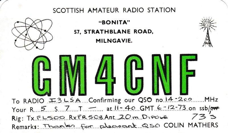 7414 Amateur Radio QSL Card  MILNGAVIE SCOTLAND