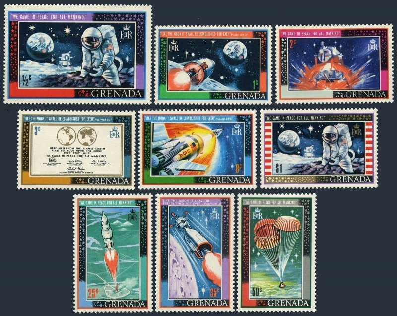 Grenada 328-336,336a sheet, MNH. Mi 319-327,Bl.1. Apollo 11, Moon landing. 1969.