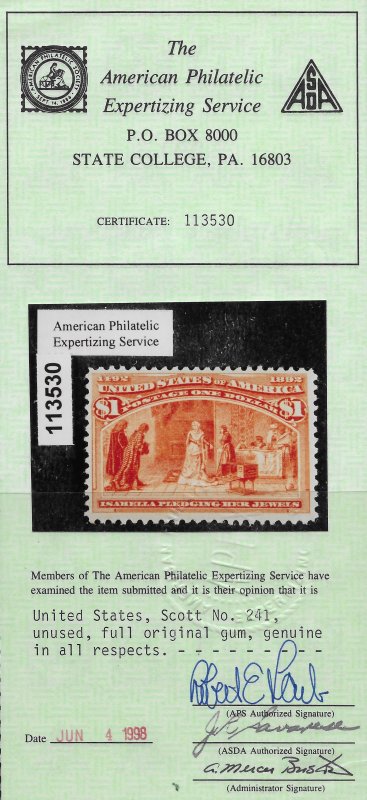 US 1893 Sc. #241, FVF NH, Columbian Exposition, APS cert., Cat. Val. $3,400.00.