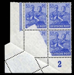 Germany #569var, 1947-48 50pf ultramarine, bottom corner margin block of four...