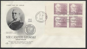 1963 #410 Casimir Gzowski FDC, Plate Block, Rosecraft Cachet, Ottawa, Tear