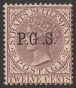 MALAYA - Perak 1889 'P.G.S' on QV Straits 12c, variety wide space. Certificate.