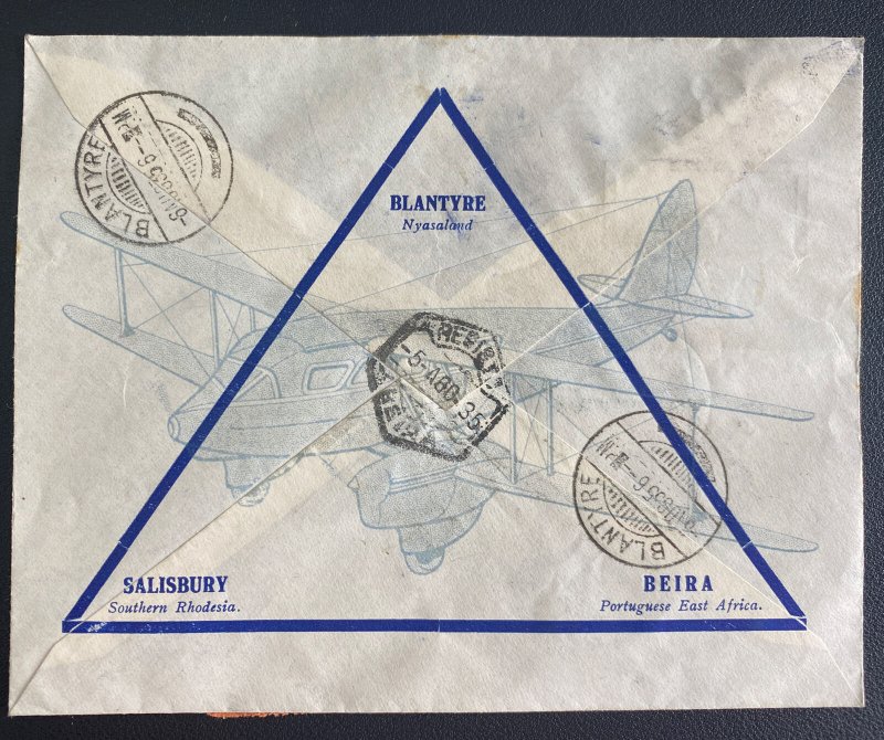 1935 Beira Mozambique PEA First Flight Airmail Cover To Blantyre Nyasaland