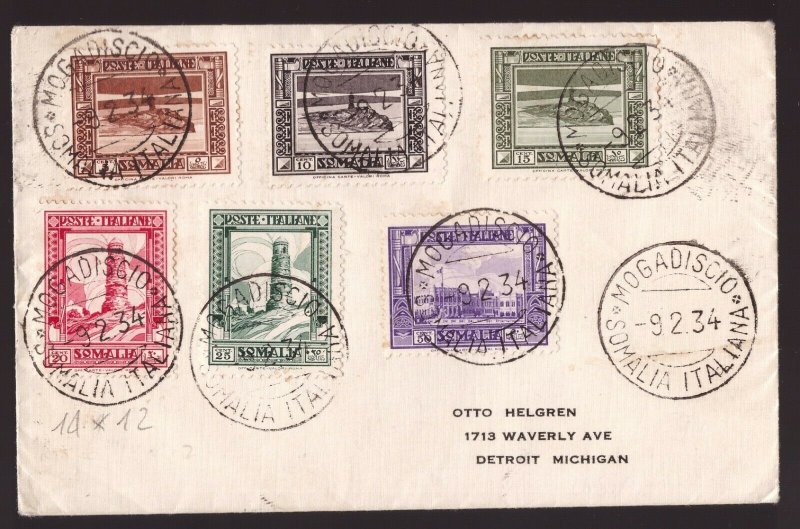 Somalia, 20 c. Pittorica dentellato 14x12 su busta per gli USA del 1934    -CN15