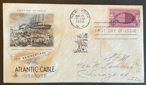 ATLANTIC CABLE CENTENNIAL #1112 AUG 15 1958 NEW YORK FIRST DAY COVER (FDC) BX6