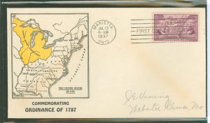 US 795 1937 3c Commemorating the Ordinance of 1787 which created the Northwest Territory (single) on an addressed (pencil) first