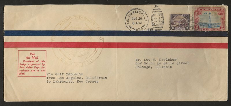 Graf Zeppelin cover Los Angeles Chicago Aug 29 1929 Sieger  #29ay KM 23