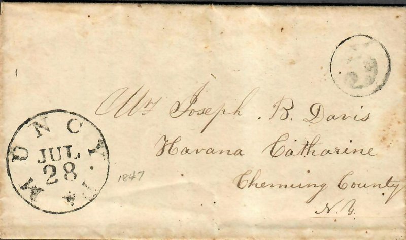 US Stampless Cover Muncy PA July 28 1847 + Letter