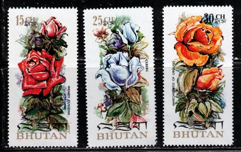 BHUTAN Scott # 150, 150A, 150B Used - Flowers - Roses