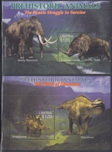 LIBERIA Sc# 2374-8 MNH SET of 2 DIFF SOUVENIR SHEETS - PREHISTORIC ANIMALS