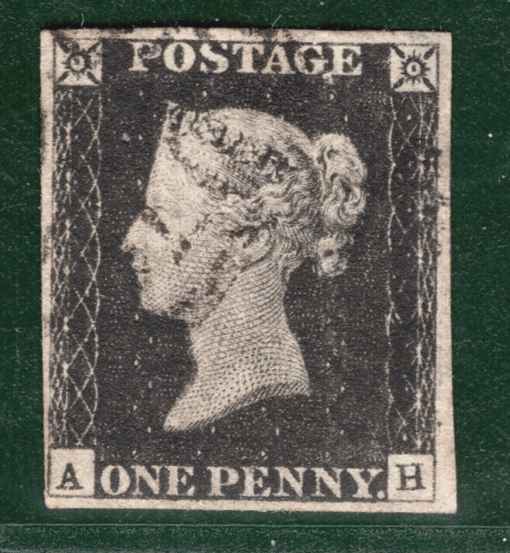 GB PENNY BLACK 1840 QV Stamp SG.2 1d Plate 2 (AH) Used MX Cat £375 PIRED30 