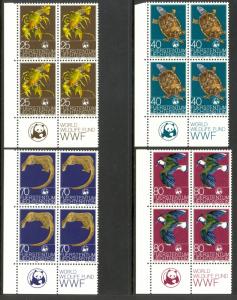 LIECHTENSTEIN 1976 WWF WILDLIFE Set BLOCKS OF 4 Sc 583-586 MNH