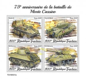 WW2 WWII Military Stamps Togo 2019 MNH Battle of Monte Cassino Tanks 4v M/S