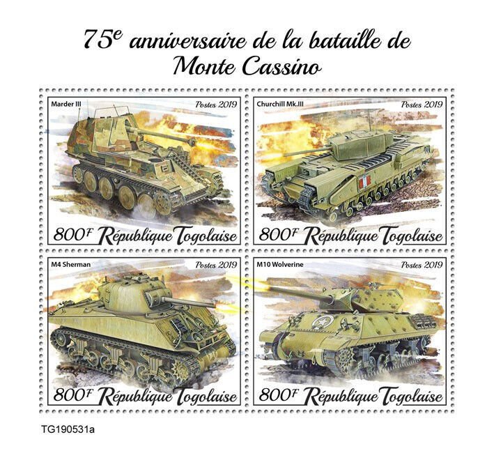 WW2 WWII Military Stamps Togo 2019 MNH Battle of Monte Cassino Tanks 4v M/S