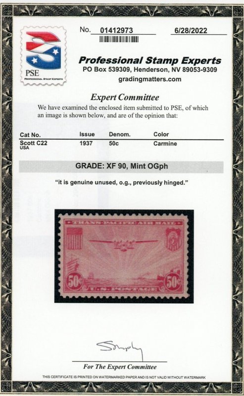 US Stamp #C22 Transpacific 50c - PSE Cert - XF 90 - MOGPH - SMQ $30.00