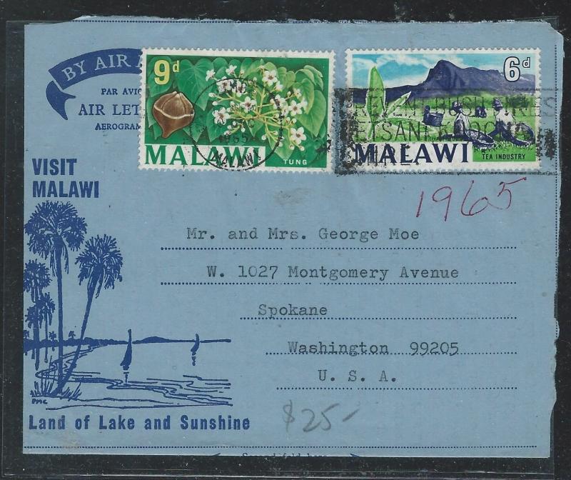 MALAWI (P1910B) 1965 DECORATIVE FORMULA AEROGRAM 6D+9D TO USA