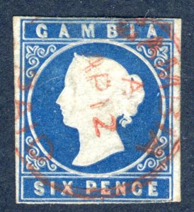 Gambia 1869 QV. 6d blue. Imperf. Used. SG3a.