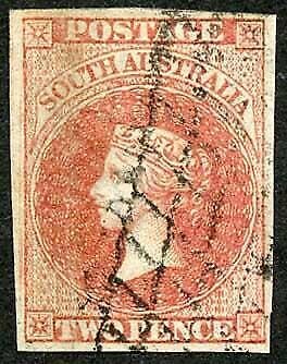 South Australia SG9 2d Red wmk Star (stain on reverse and corner crease) Cat 40 