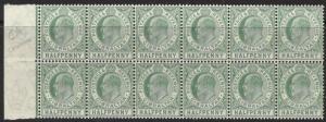 GIBRALTAR SG66 1907 ½d BLUE-GREEN MNH BLOCK OF 12