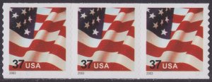 US 3632A Old Glory 37c coil strip 3 SSP MNH 2003