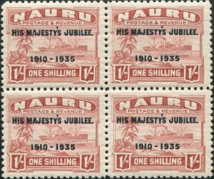 Nauru 1935 SG43 1/- brown-lake Freighter ovpt block MNH