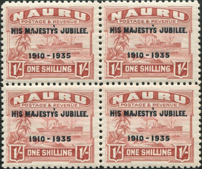 Nauru 1935 SG43 1/- brown-lake Freighter ovpt block MNH