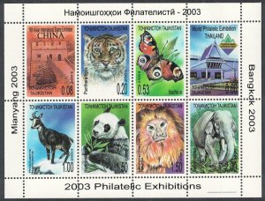 Tajikistan Tiger Butterfly Panda Lon Elephant Sheetlet of 8v 2003 MNH