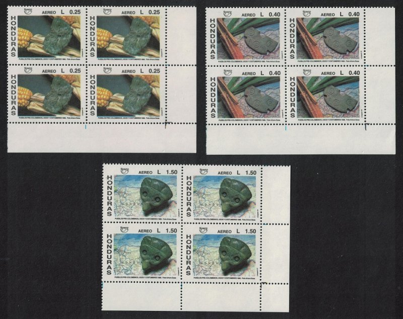 Honduras Pre-Columbian Civilisations UPAEP 3v Corner Blocks of 4 1991 MNH