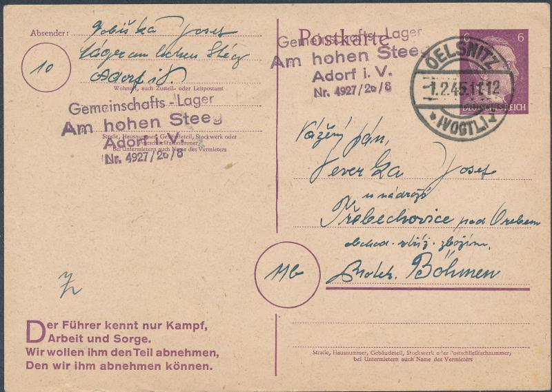 1945 Adorf Germany GemeinschaftsLager Postcard Cover to Bohemia Buchenwald kz