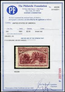 UNITED STATES $2 COLUMBIAN SCOTT#242 MINT NEVER HINGED WITH PF CERTIFICATE