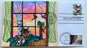 2025 Holiday Cheer FDC Winter Landscapes Hand Drawn Cachet Kevin Cat Cardinal