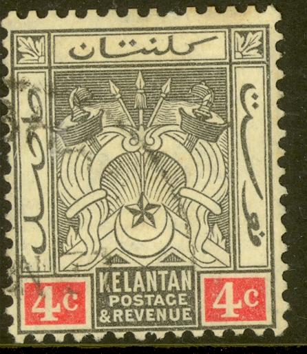 MALAYA KELANTAN 1911-15 4c SYMBOLS OF GOVERNMENT Issue Sc 3 VFU