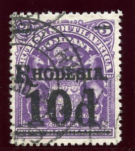 Rhodesia 1909 10d on 3s deep violet (black ovpt) very fine used. SG 117. Sc 91