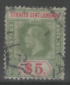 MALAYA STRAITS SETTLEMENTS SG212 1913 $5 GREEN & RED/GREEN USED