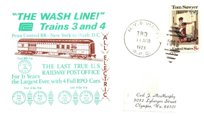 1973 N.Y. & Wash. R.P.O.Railroad+The Wash Line Trains 3 and 4 Cachet #102