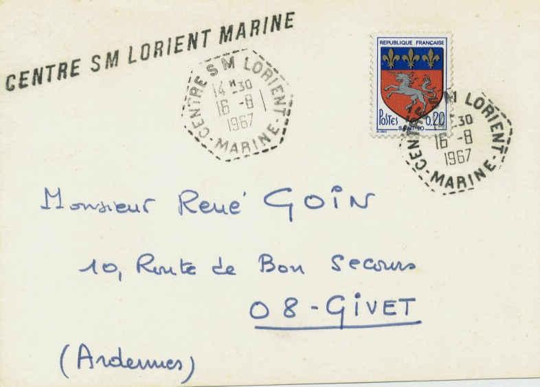 France 20c Saint-Lo Arms 1967 Centre S M Lorient, Marine Postcard to Givet wi...