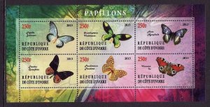 Ivory Coast-unused NH sheet of 6-Insects-Butterflies-2013