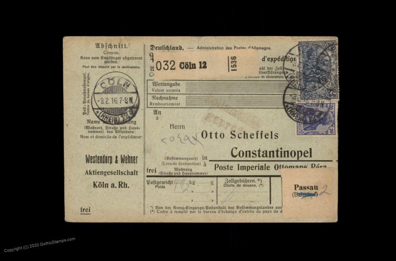 Germany 1916 DR Germania Wmk 2 Mark Cover Constantinople Turkey G95982