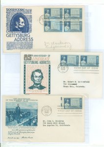 US 978 1948 3c Lincoln: 85th Anniversary of the Gettysburg address with three addressed FDC with different cachets, Anderson, Ca