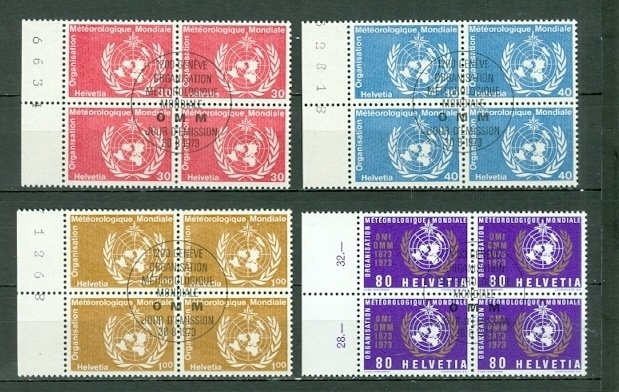 SWITZERLAND 1973 WMO #8O10-8O13 SET BLKS DAY of ISSUE CANCELLATION