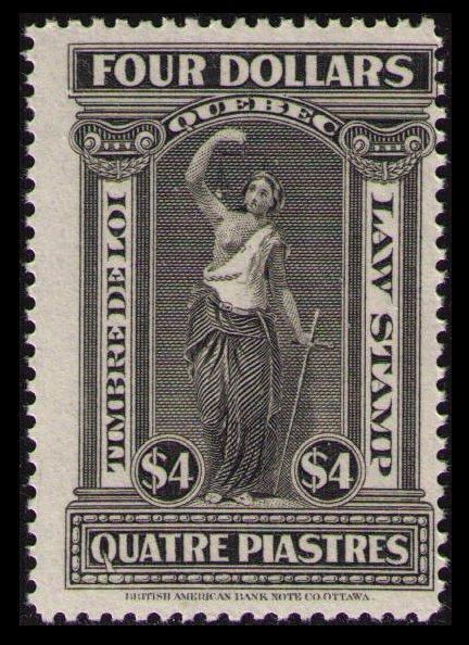 CANADA, QUEBEC TAX 1912 $4. #QL68 MNG NH RARE VINTAGE LAW STAMP CAT $40.00