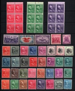 UNITED STATES 1938 SET OF 37 STAMPS & 3 BOOKLET PANES OF 6 STAMPS MNH