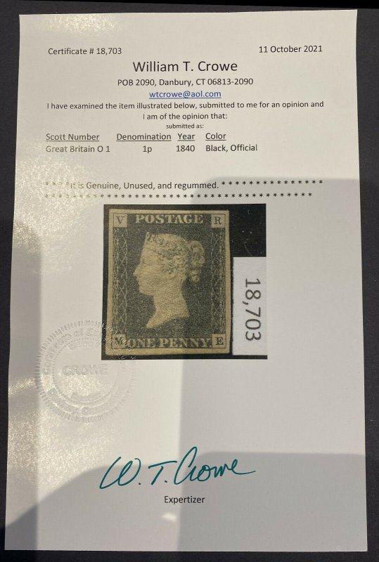 GREAT BRITAIN 1 1840 1p black official unused superb we think OG $30,000 GP4/19 