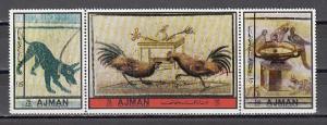 Ajman, Mi cat. 2481-2483 A. Mosaics issue. Dog, Roosters and Birds shown. ^