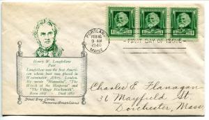 864 - 15b 1c strip 3, Famous American Henry Longfellow FDC