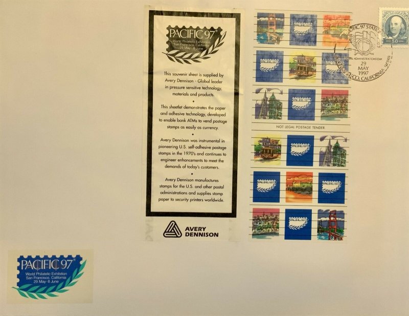 Avery Dennison Pacific 97 Souvenir Sheet with Stamp Like Labels on 3139 Franklin