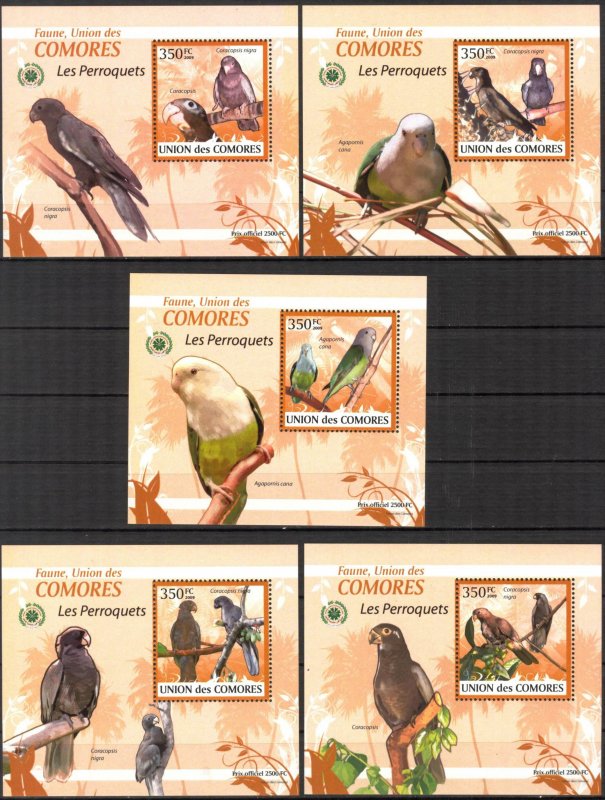 {098} Comoros 2009 Birds Parrots 5 S/S Deluxe MNH**